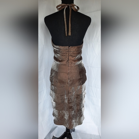 Vintage Cache Cocktail Dress Sz 6 Bronze Brown V Neck Halter Mermaid Tier Fairy - Picture 5 of 16
